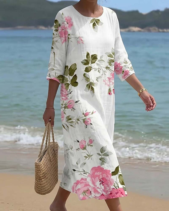 Crewneck Print Three-Quarter Sleeve Loose Dresses
