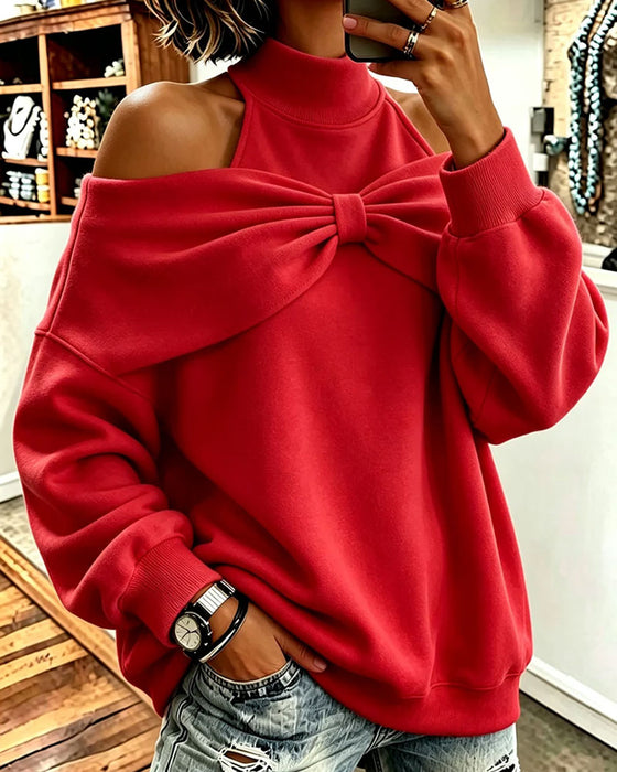 High Neck Off-Shoulder Bow Sweatshirt
