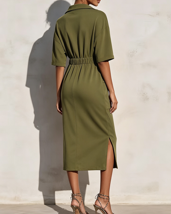 Zip Lapel Waist Pocket Dress