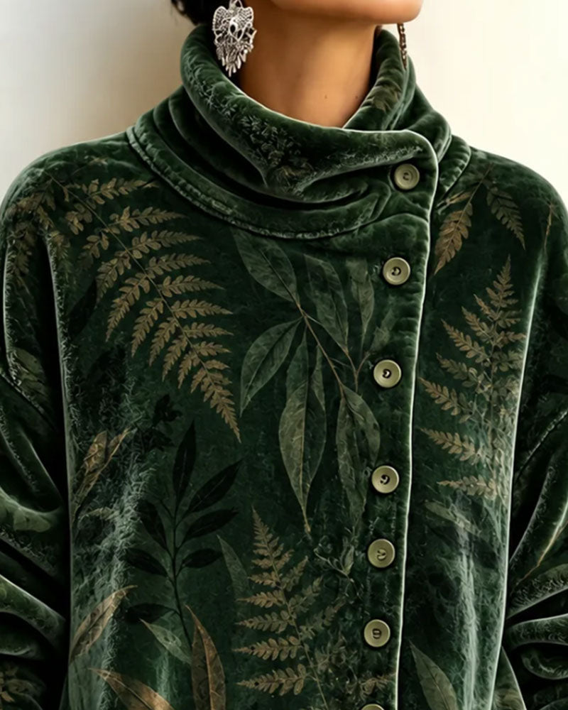 Turtleneck Button Leaf Print Top