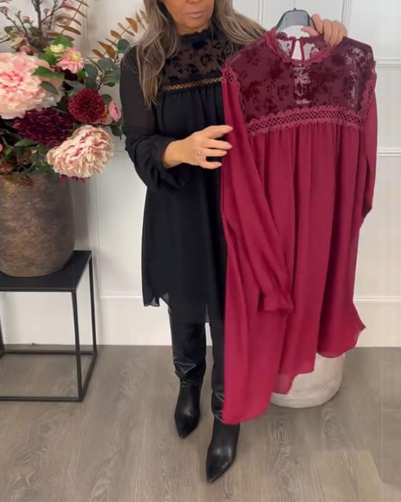 Lace Cutout Puff-Sleeve Elegant Dress