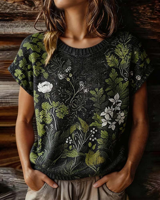 Crew Neck Knit Print Short T-Shirt