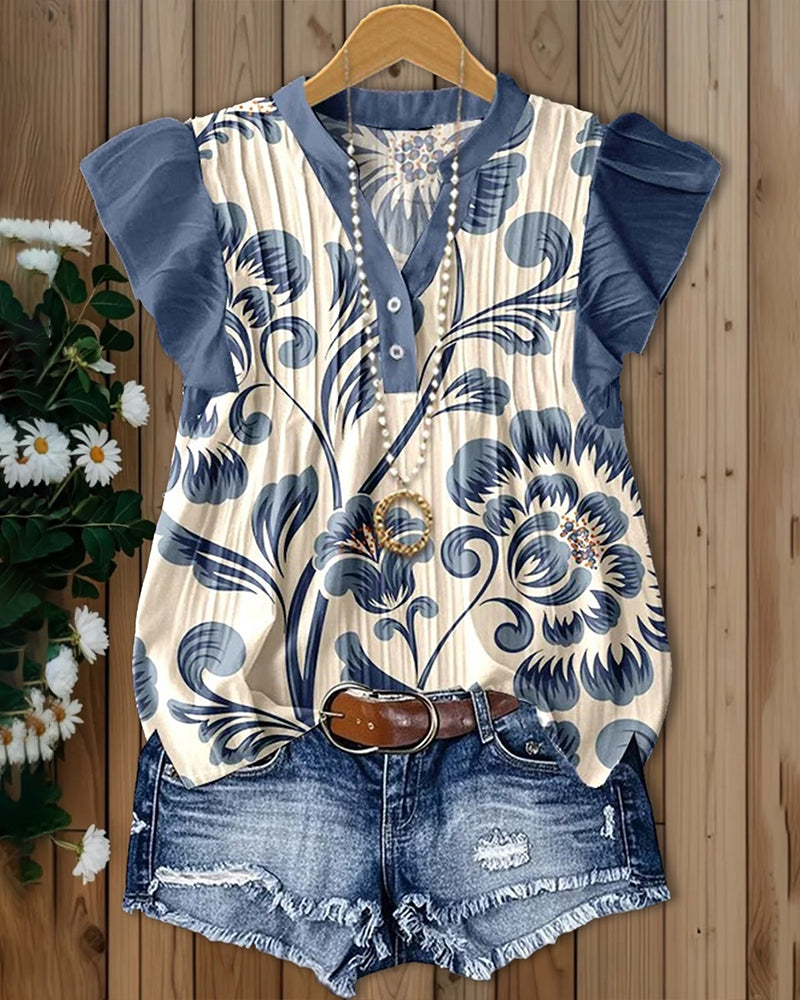 Floral Print Small Flutter Sleeve Blouse