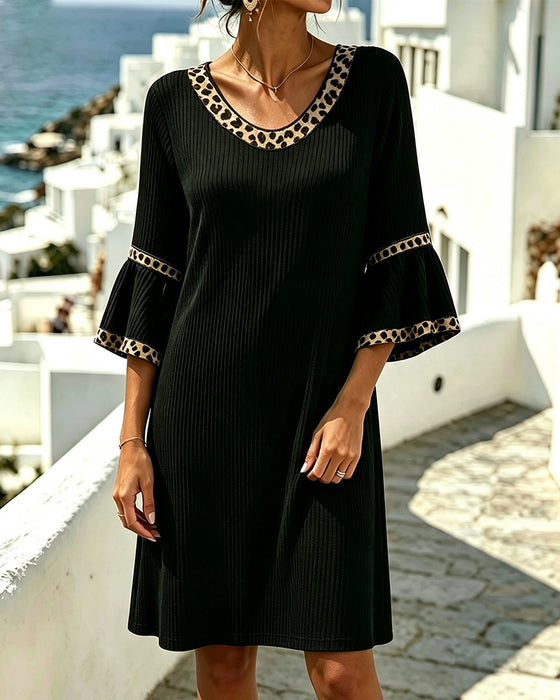 Flare Sleeve Ribbed Leopard Dress
