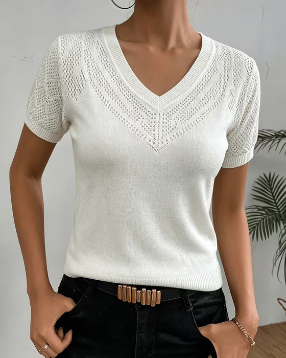Solid Color Hollow Out V Neck Slim Fit Jumper