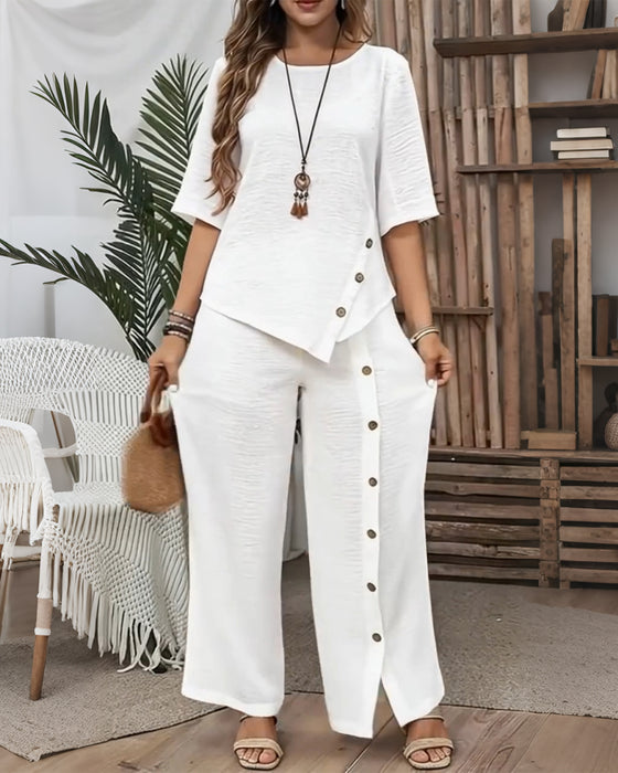 Button-Embellished Irregular Top And Trousers Set