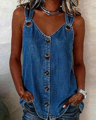 Metal Buckle V-Neck Denim Tank Top