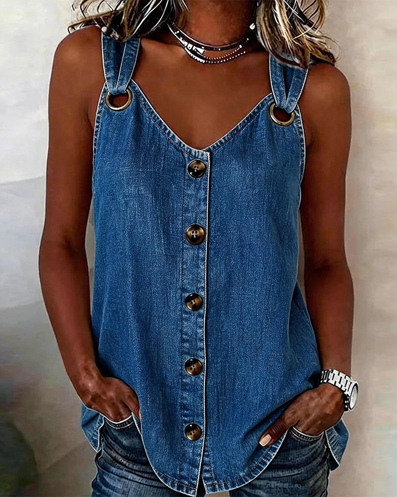 Metal Buckle V-Neck Denim Tank Top