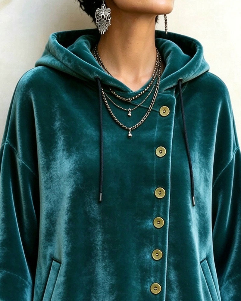 Hooded Half Sleeve Asymmetrical Button Velvet Coat
