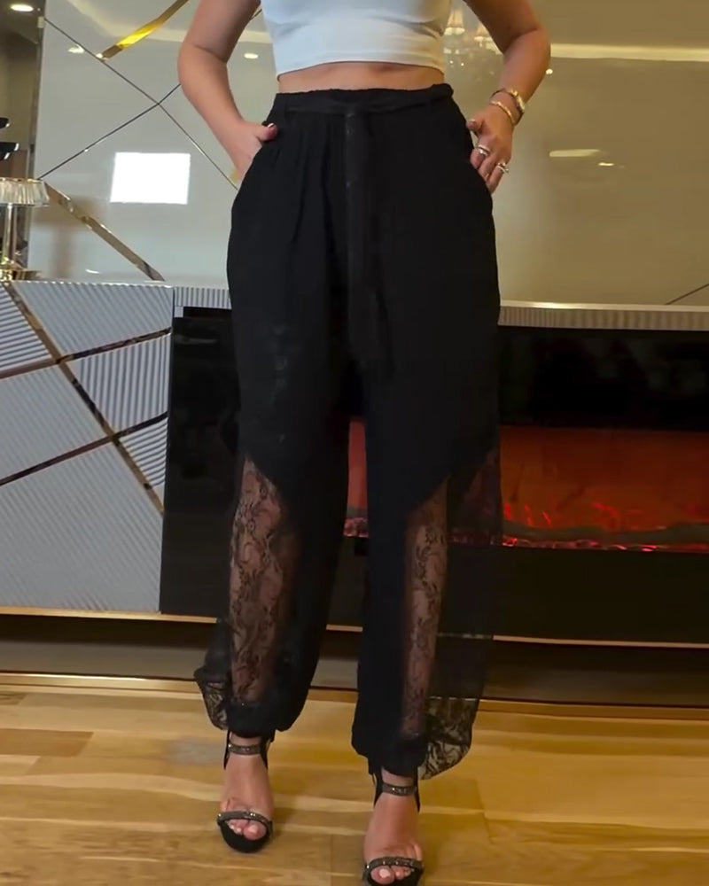 Elastic Waist Lace-Paneled Pants
