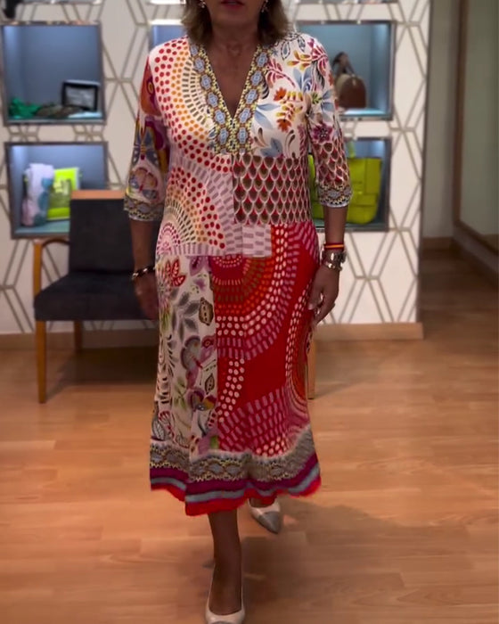 Ethnic Print V-Neck Elbow-Length Sleeve Dress