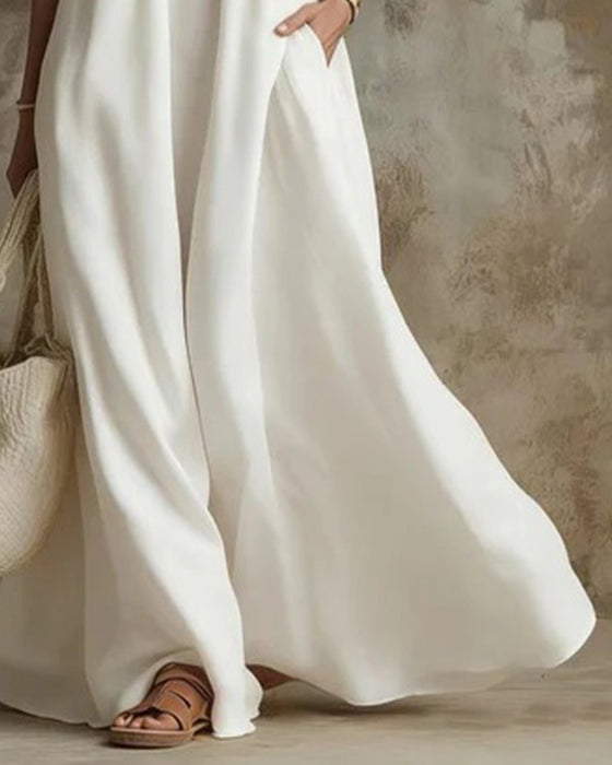 Strappy Off-Shoulder Full Skirt Solid Pocket Dress