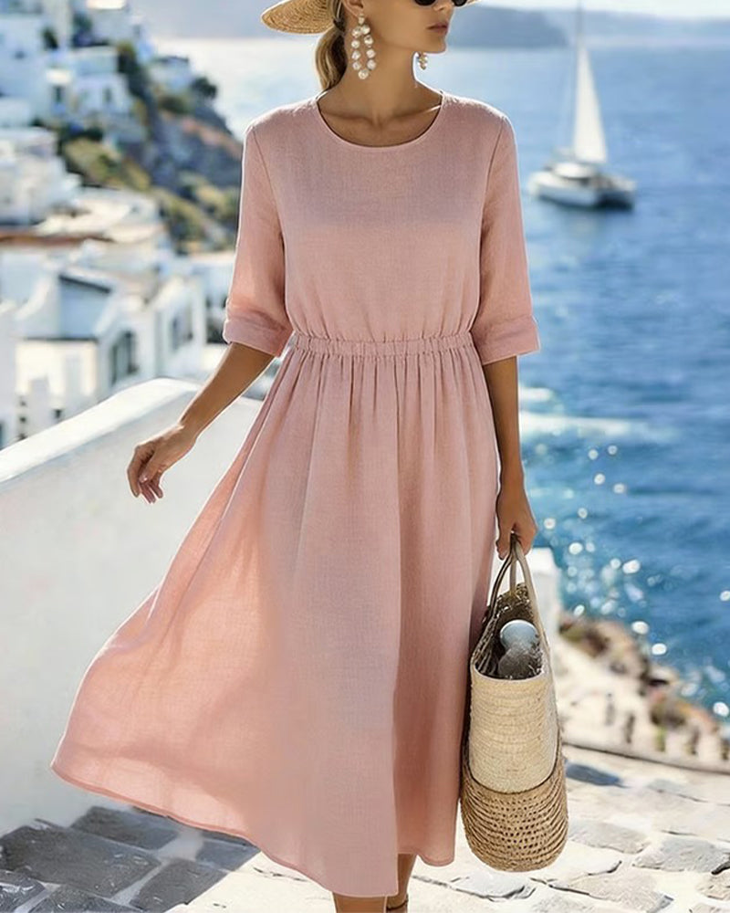Half Sleeve Round Neck Waist A Hem Dress