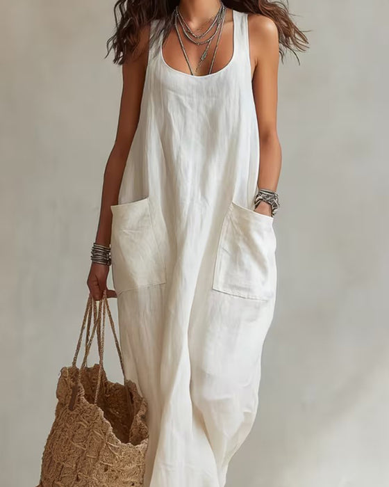 U-Neck Sleeveless Solid Pocket Dress