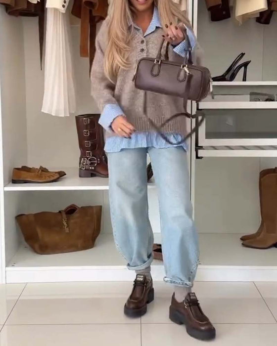 Long-Sleeved Button-Down Collar Jumper