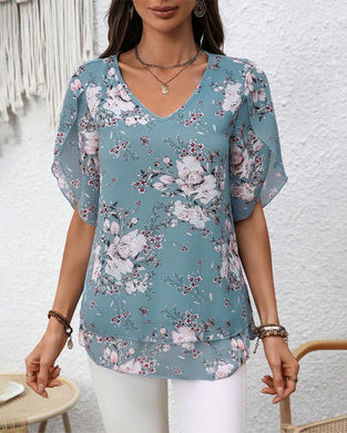 Petal Sleeve V-Neck Printed Blouse