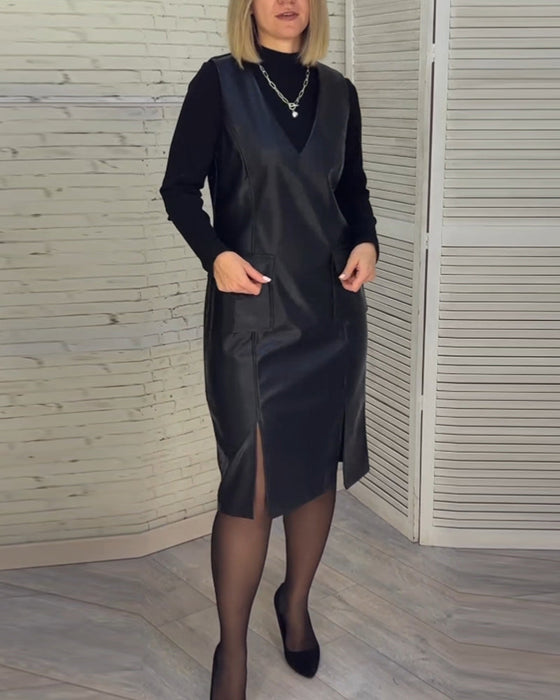 solid color dress with V-neck and Pocket