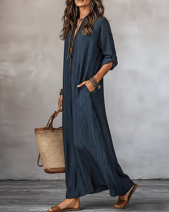 V-Neck Striped Pocket Shirt Dress
