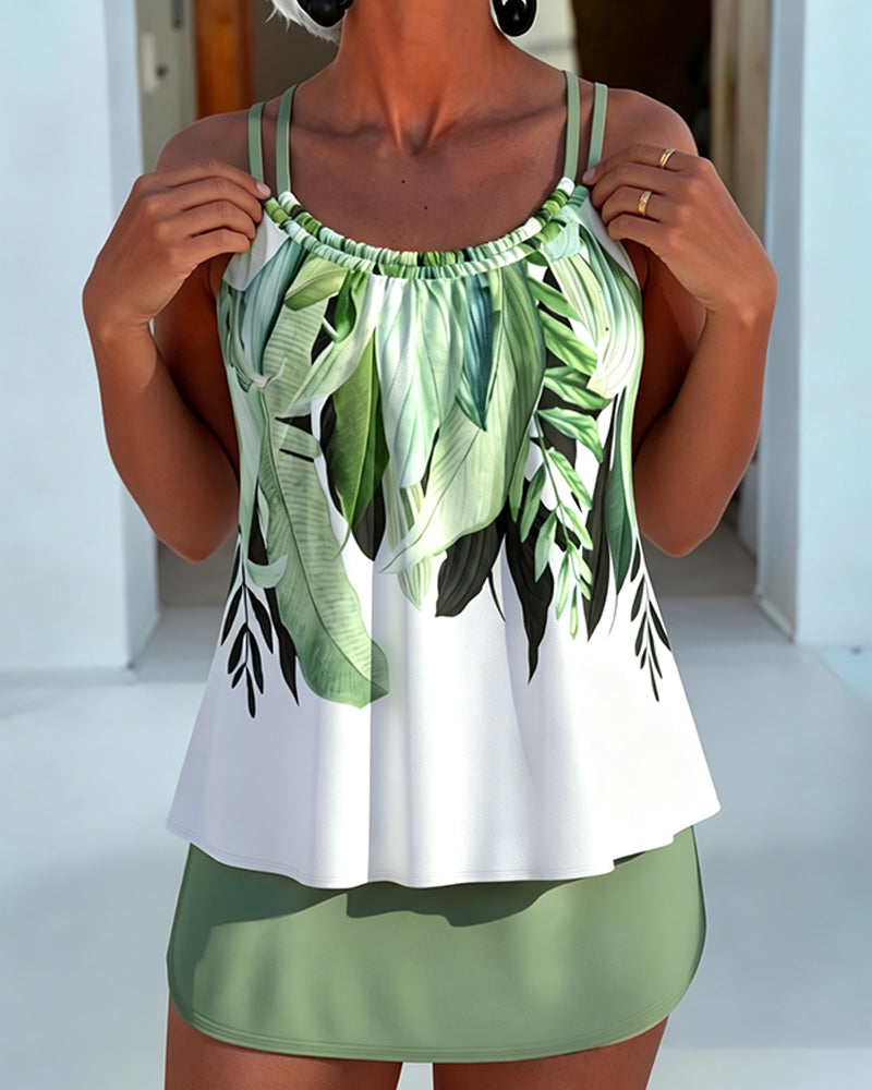 Green Leaf Print Cami Skirt Tankini