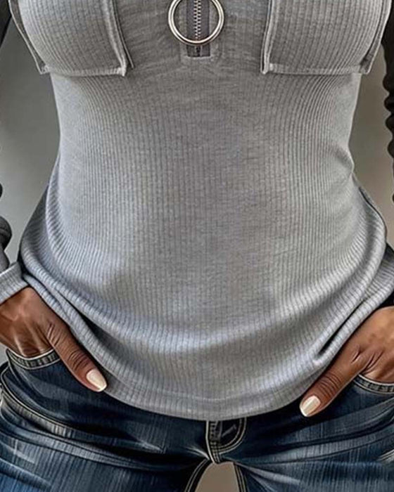 Zip Hooded Fitted Blouse