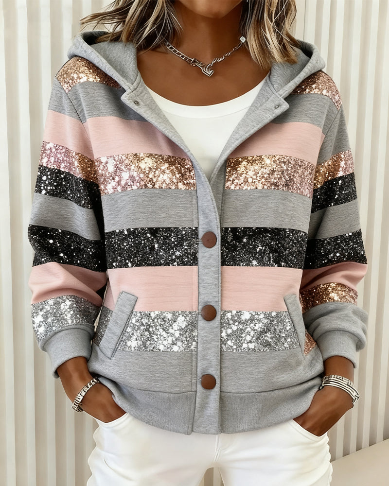 Glitter Print Striped Coat