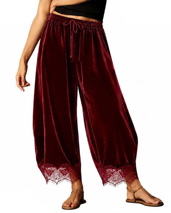 Elastic Waist Lace Stitching Wide Leg Pants