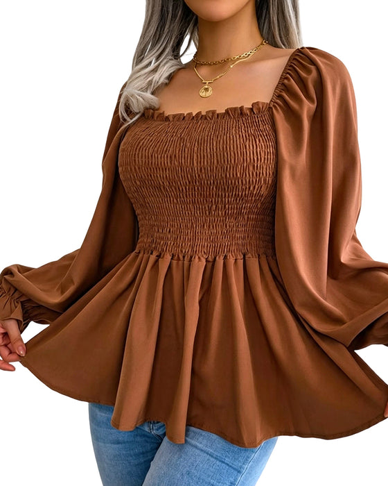 Ruffle Square Neck Long Sleeve Blouse