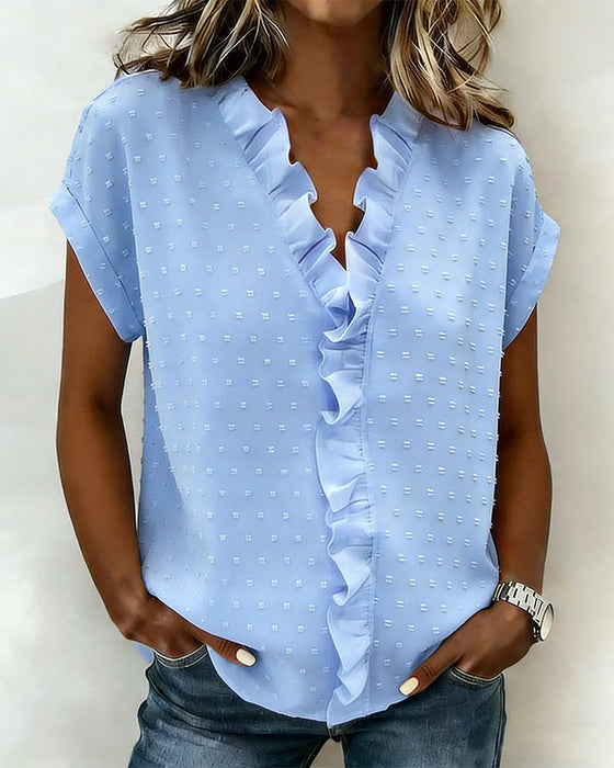 Ruffle V-Neck Jacquard Blouse