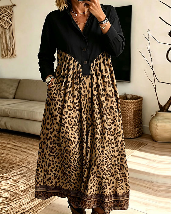Shirt-Collar Button-Down Leopard Print Pocket Dress