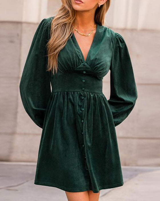 Buttoned V-Neck Puff-Sleeve Short Dress