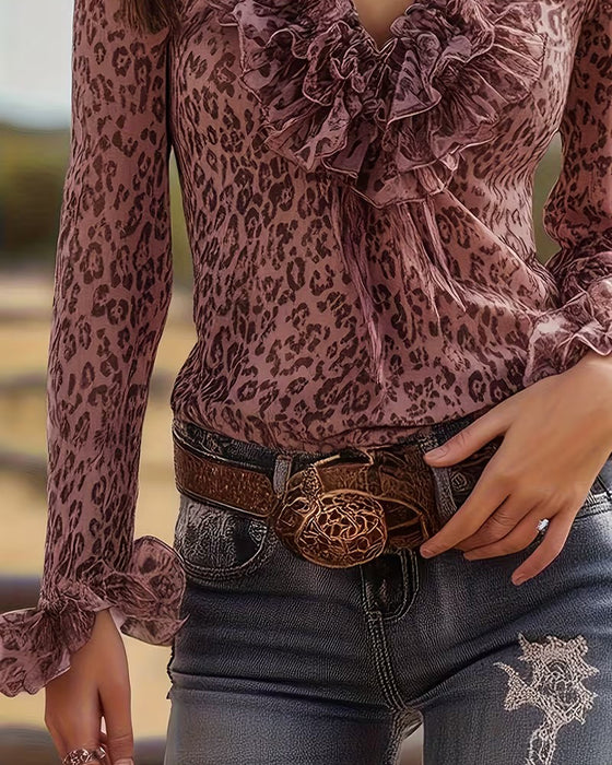 Ruffled V-Neck Leopard Print Blouse