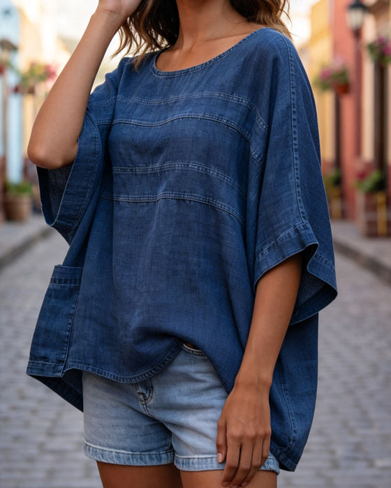Loose Batwing Sleeve Denim Top
