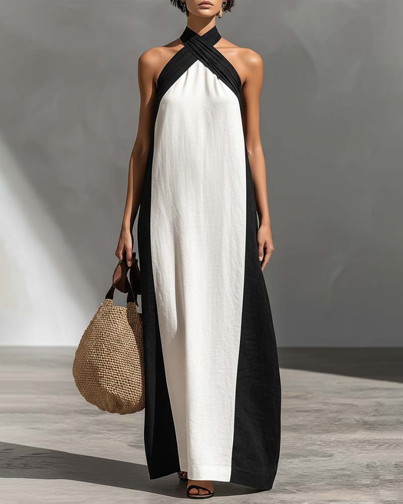 Cross Neck Contrast Color Chic Dress