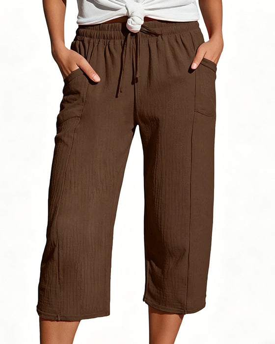 Solid Color Drawstring Wide-Leg Cropped Pants
