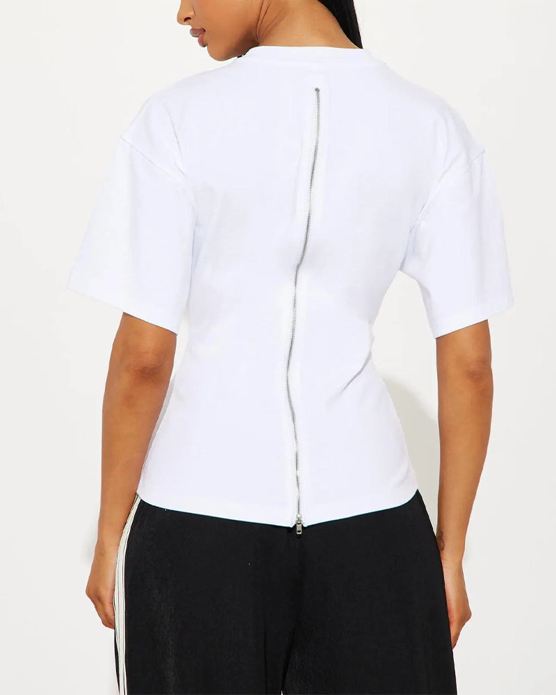 Loose Drop Shoulder Back Zip T-Shirts