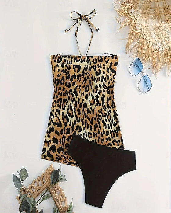 Halter Neck A-Line Leopard Print Triangle Tankini