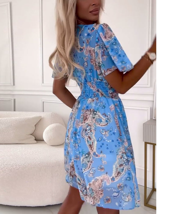 Vintage printed V-neck elegant dress