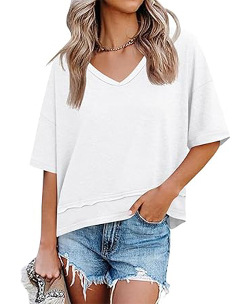 Solid V-Neck Patchwork Hem Blouses