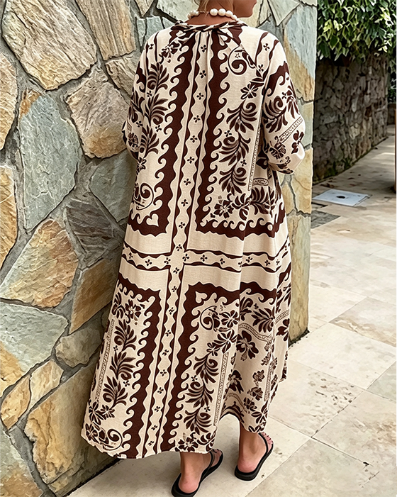 V-Neck Ethnic Style Loose Big Hem Dress
