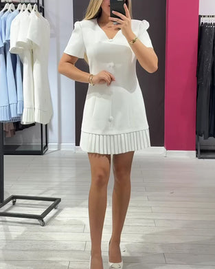 Solid Color Elegant V-Neck Pleated Dress