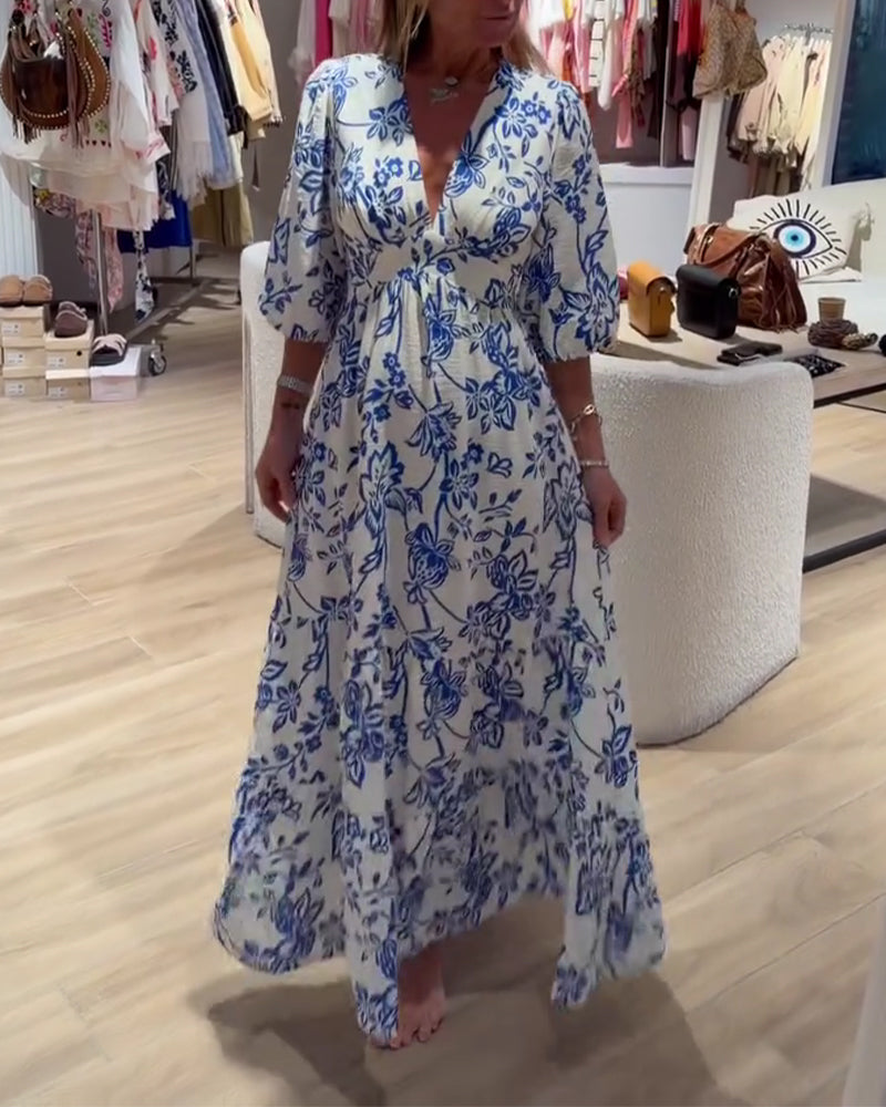Deep V-Neck Elegant Floral Long Dress