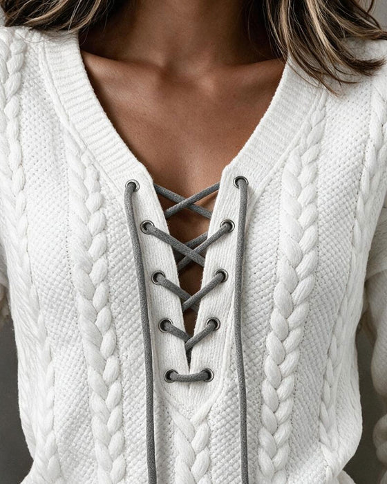 V-Neck Lace-Up Cable Knit Long Sleeve Blouse