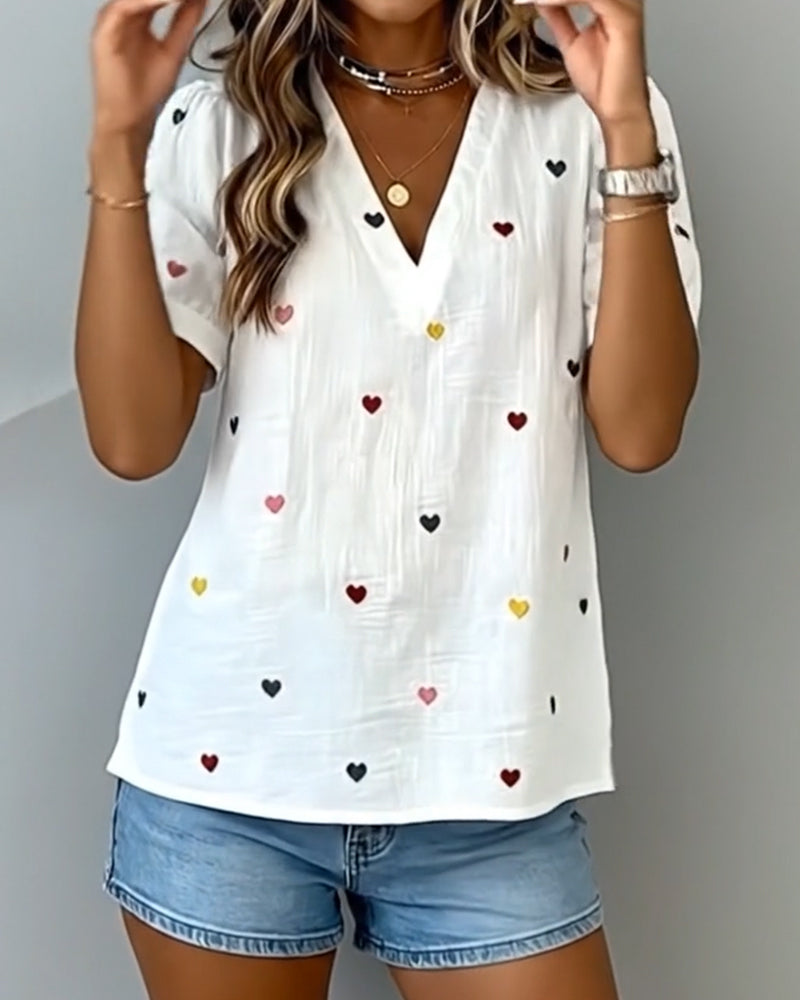 Heart Short Sleeve V-Neck Top