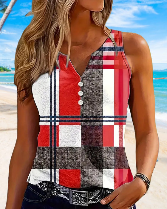 Sleeveless Printed Plaid Tank Top