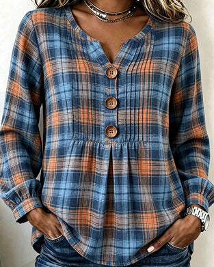 Three-Button Plaid Long-Sleeve Blouse