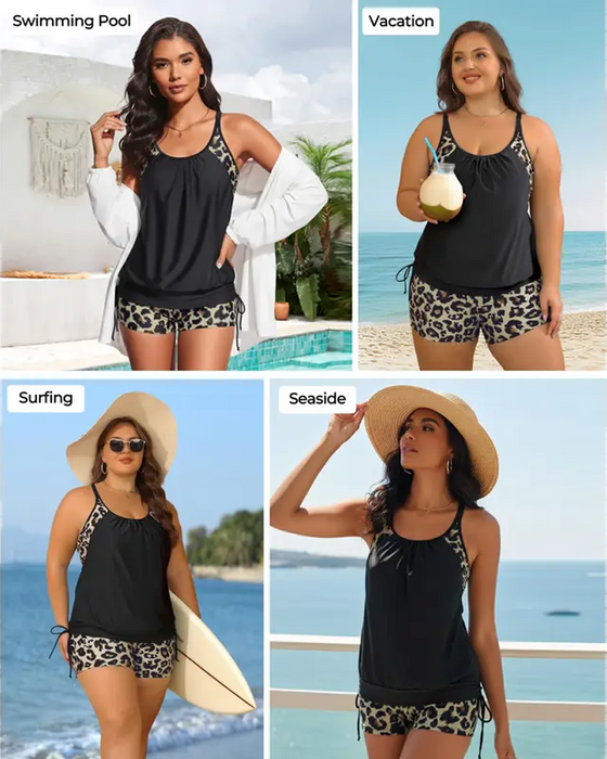 Sleeveless Leopard Patchwork Drawstring Tankini