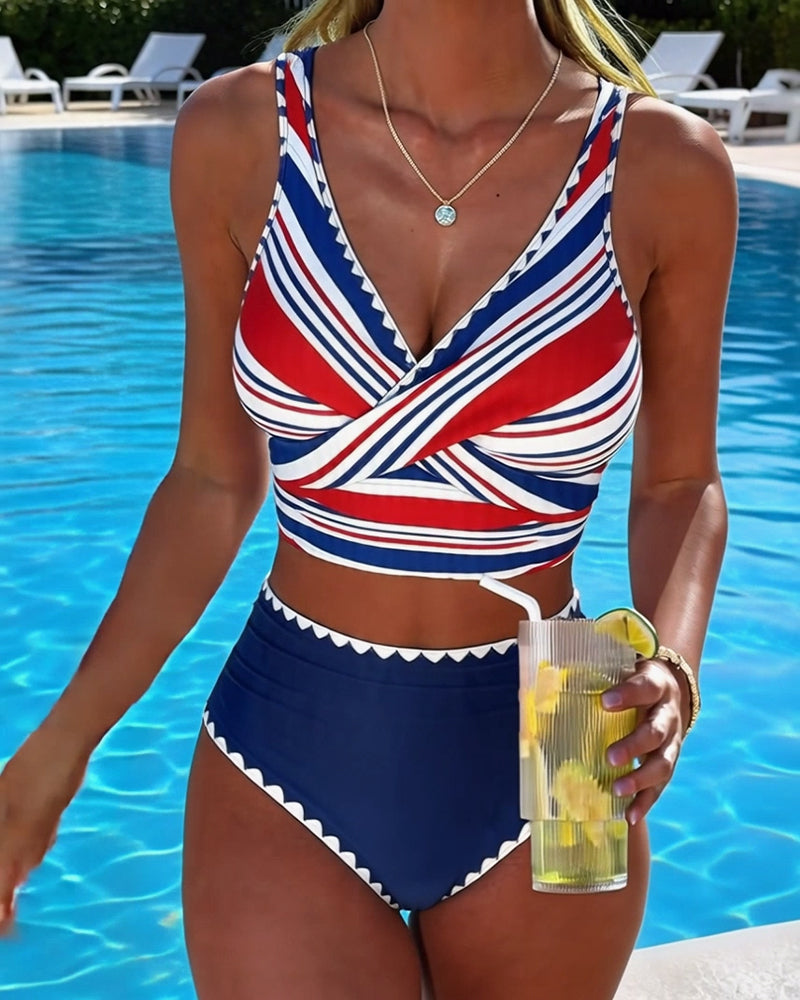 Cross-Stripe V-Neck Bikini