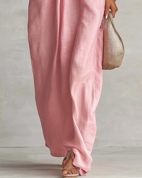V-Neck Ruched Striped Loose Dress