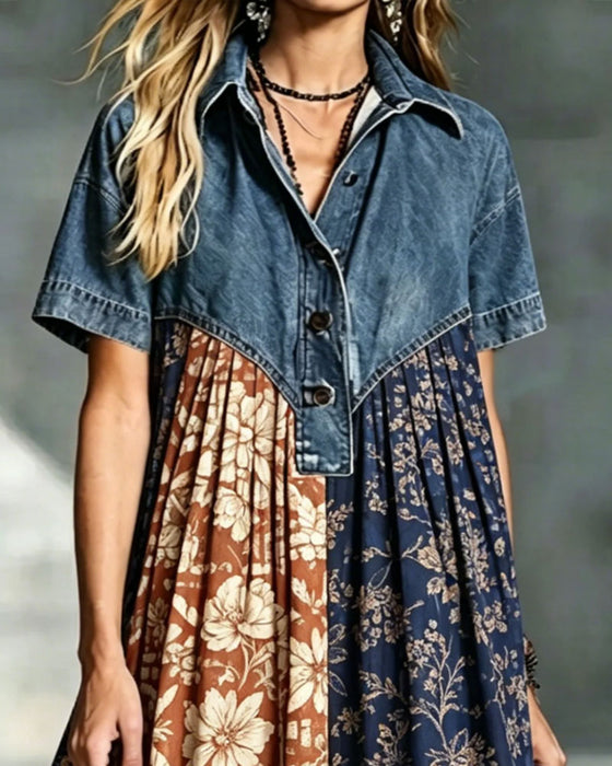 Shirt Collar Floral Contrast Denim Patchwork Dress