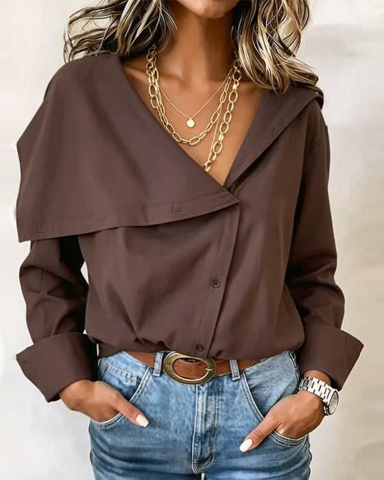 Deep V Asymmetric Button Lapel Blouse